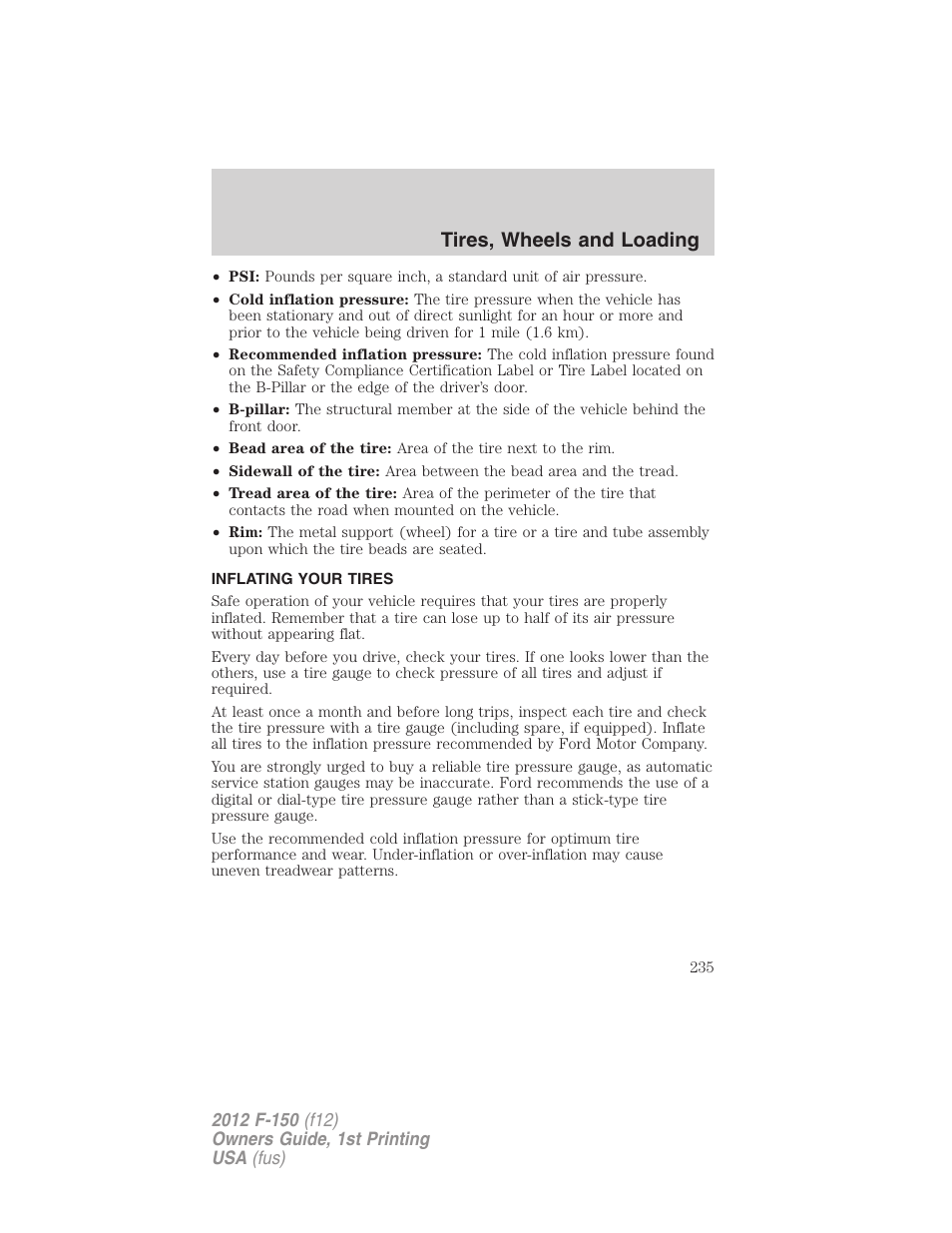 Inflating your tires, Tire inflation, Tires, wheels and loading | FORD 2012 F-150 Raptor v.1 User Manual | Page 235 / 462