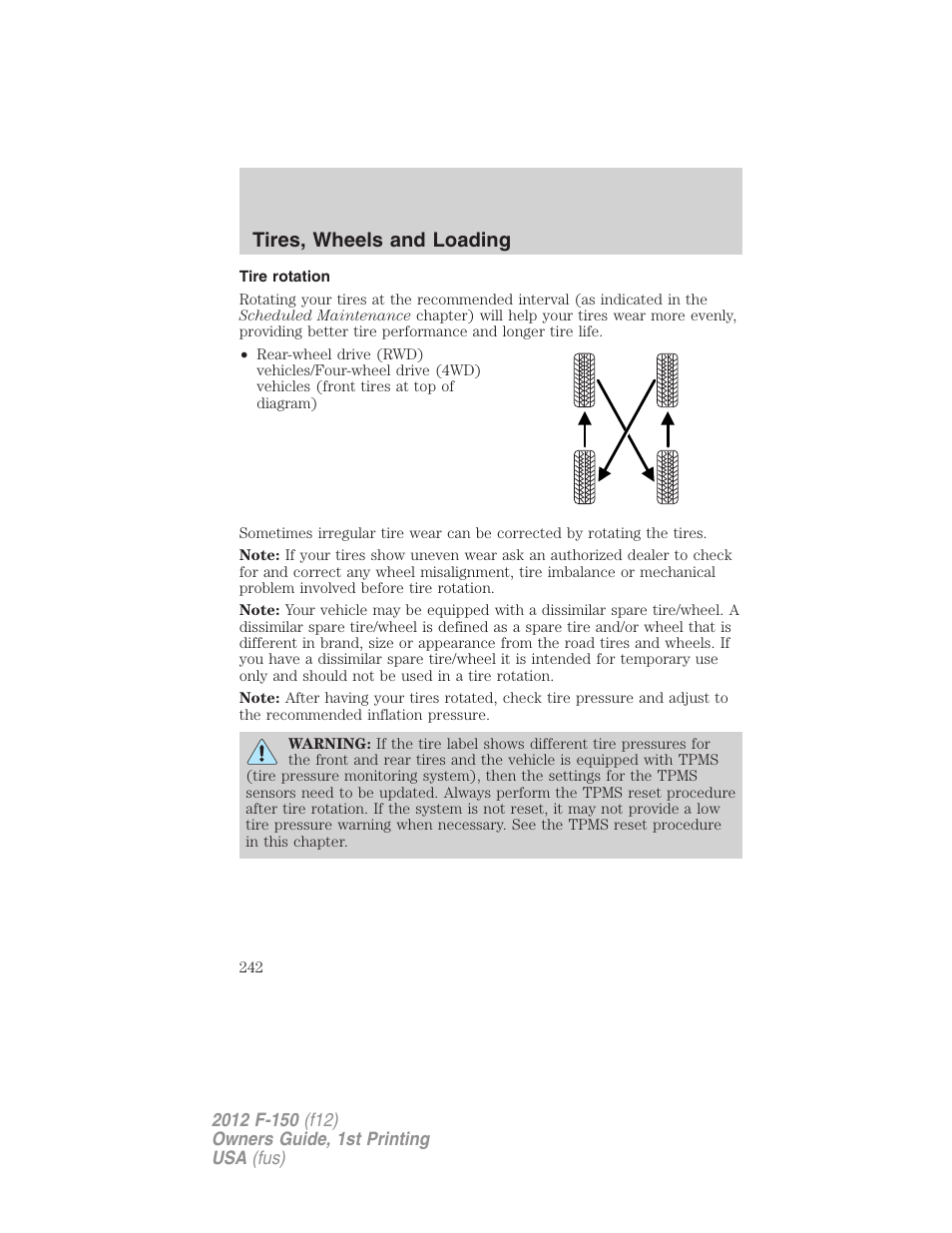 Tire rotation, Tires, wheels and loading | FORD 2012 F-150 Raptor v.1 User Manual | Page 242 / 462