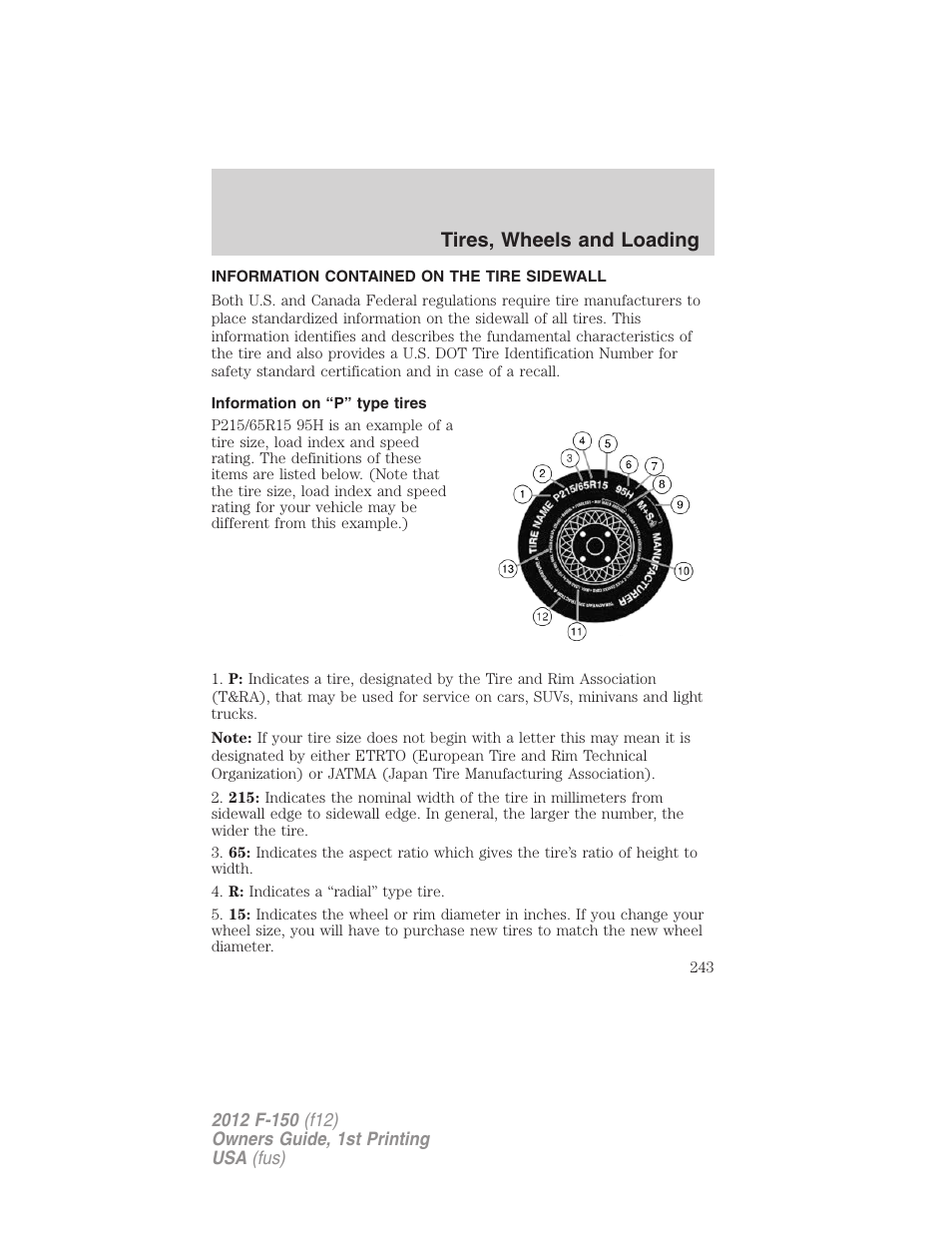 Information contained on the tire sidewall, Information on “p” type tires, Tires, wheels and loading | FORD 2012 F-150 Raptor v.1 User Manual | Page 243 / 462