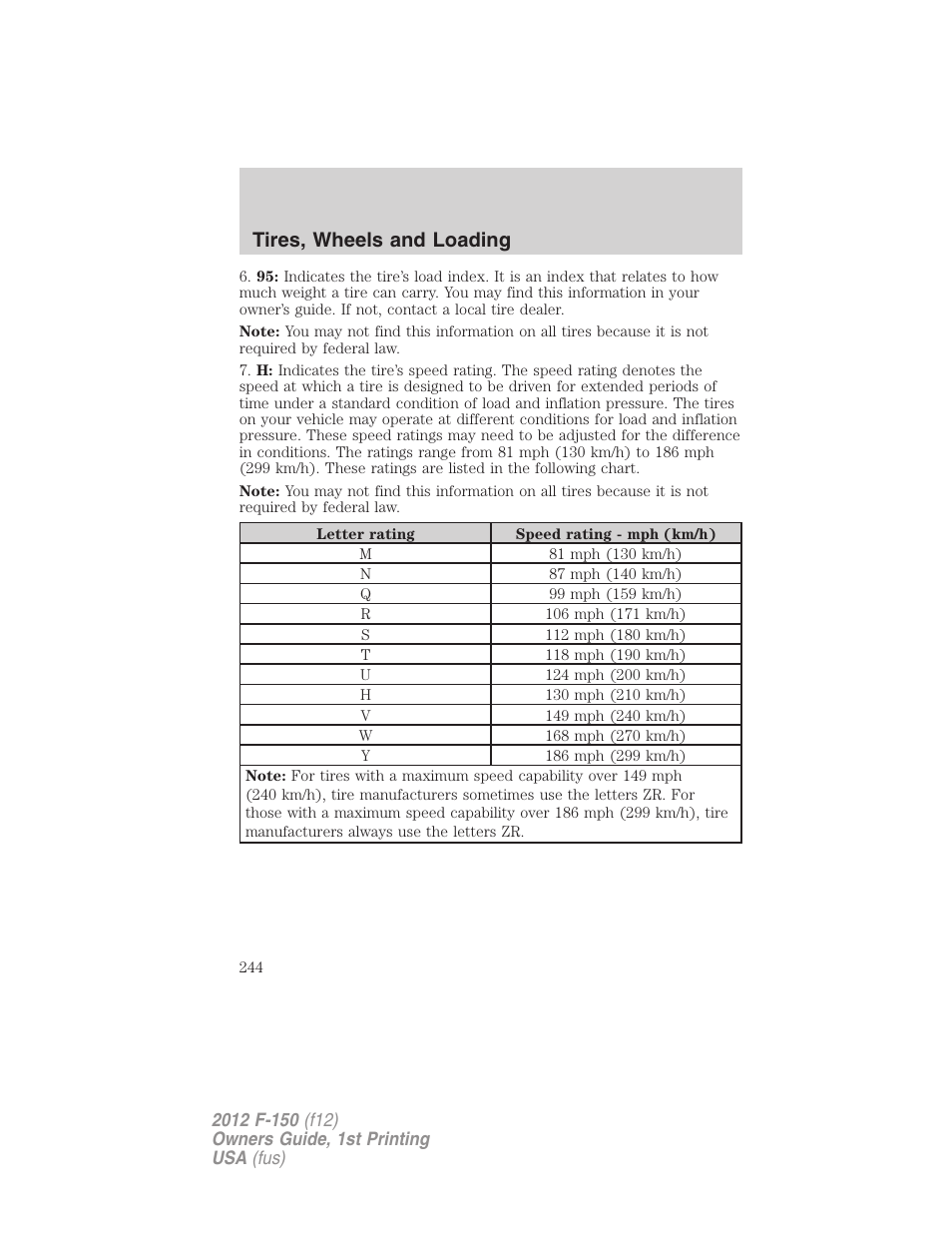 Tires, wheels and loading | FORD 2012 F-150 Raptor v.1 User Manual | Page 244 / 462