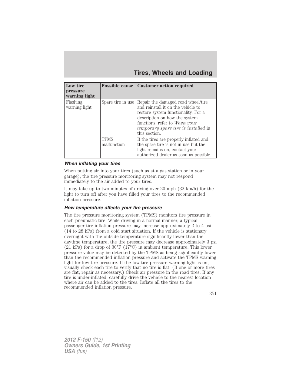 When inflating your tires, How temperature affects your tire pressure, Tires, wheels and loading | FORD 2012 F-150 Raptor v.1 User Manual | Page 251 / 462
