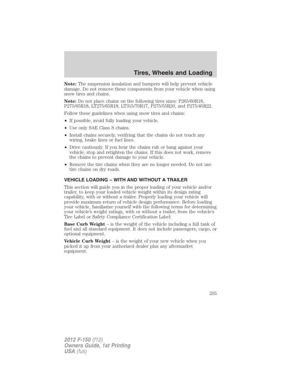 Vehicle loading – with and without a trailer, Vehicle loading, Tires, wheels and loading | FORD 2012 F-150 Raptor v.1 User Manual | Page 255 / 462