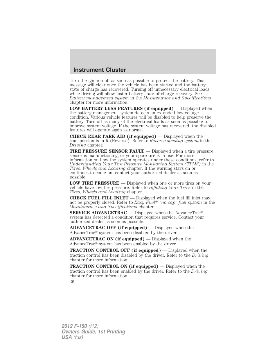 Instrument cluster | FORD 2012 F-150 Raptor v.1 User Manual | Page 26 / 462