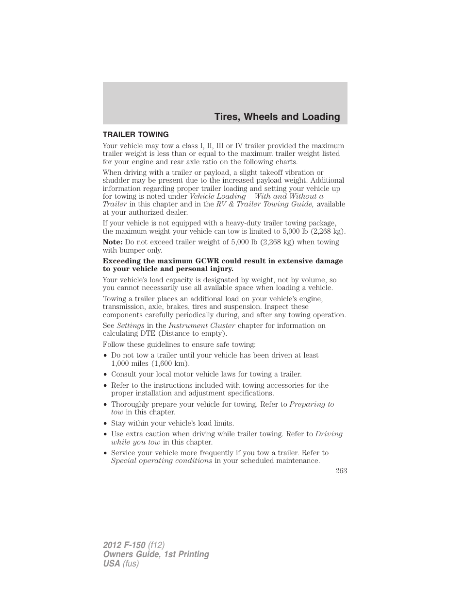 Trailer towing, Tires, wheels and loading | FORD 2012 F-150 Raptor v.1 User Manual | Page 263 / 462