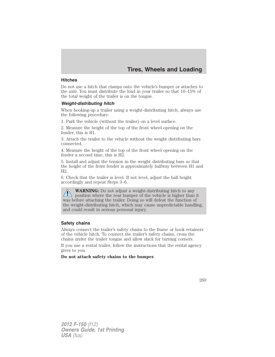 Hitches, Weight-distributing hitch, Safety chains | Tires, wheels and loading | FORD 2012 F-150 Raptor v.1 User Manual | Page 269 / 462