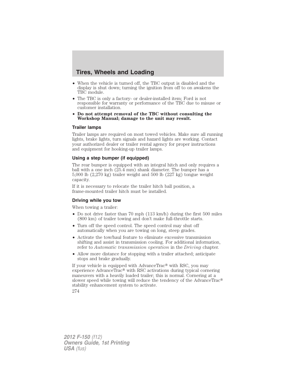 Trailer lamps, Using a step bumper (if equipped), Driving while you tow | Tires, wheels and loading | FORD 2012 F-150 Raptor v.1 User Manual | Page 274 / 462