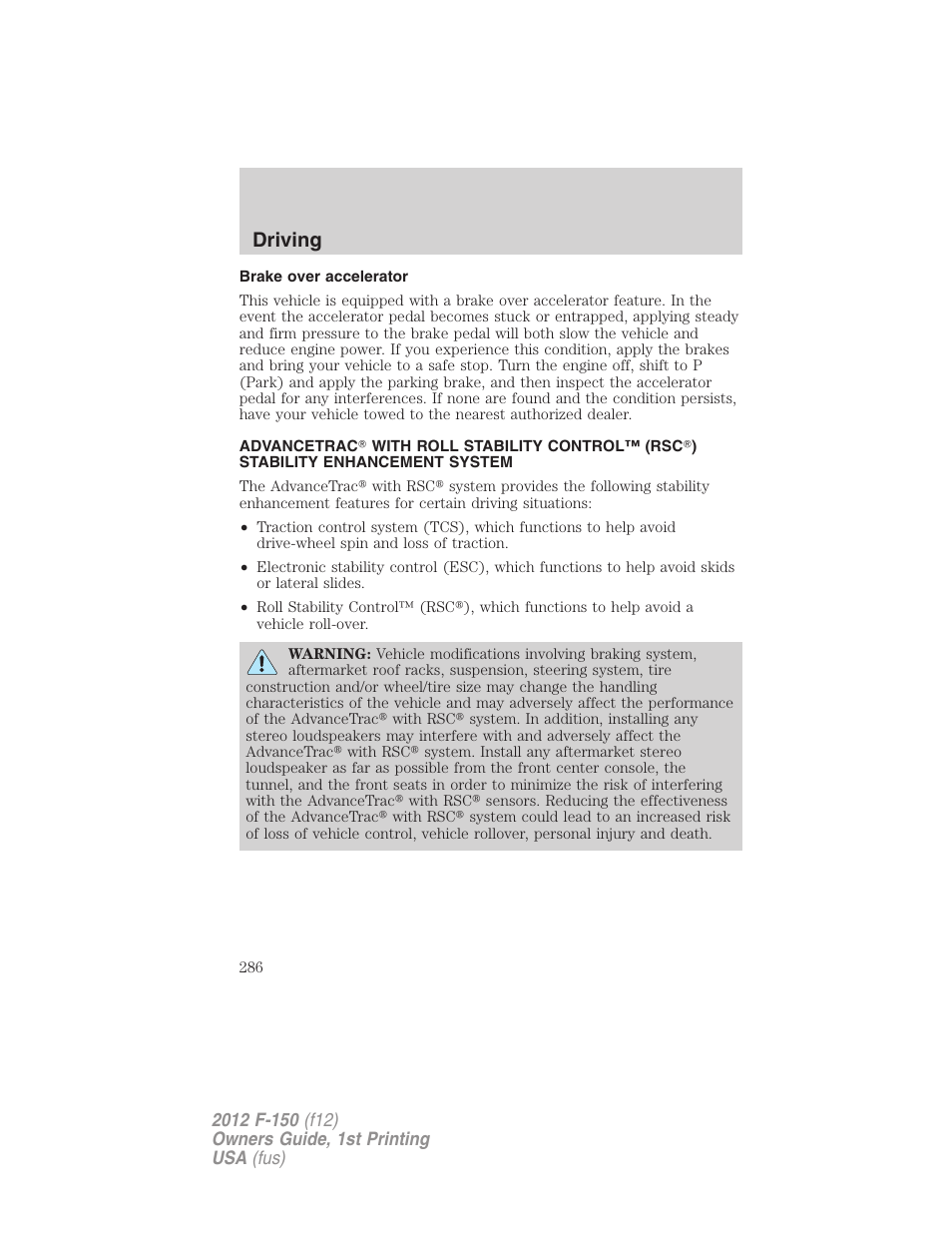 Brake over accelerator, Advancetrac, Driving | FORD 2012 F-150 Raptor v.1 User Manual | Page 286 / 462