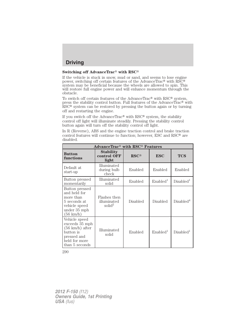 Driving | FORD 2012 F-150 Raptor v.1 User Manual | Page 290 / 462