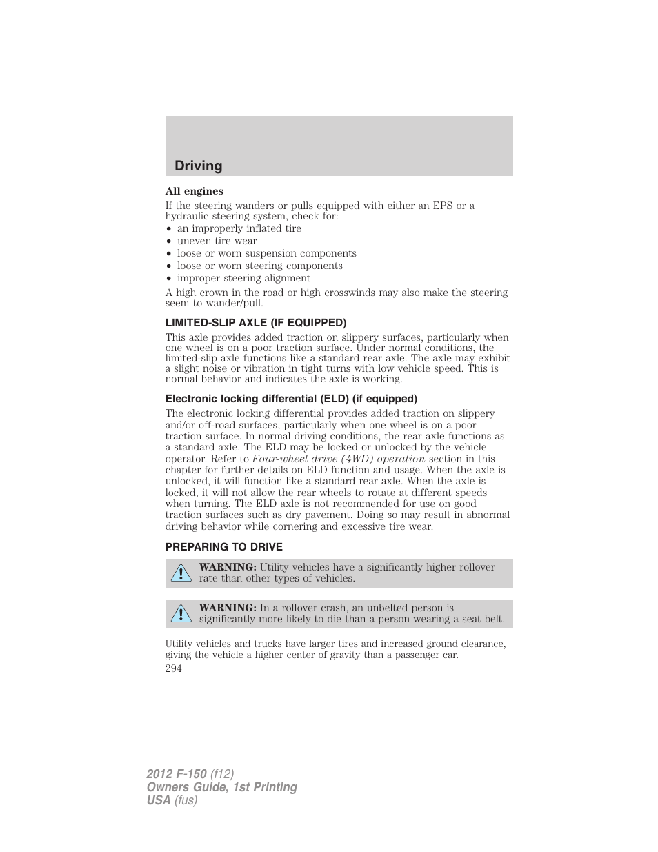Limited-slip axle (if equipped), Preparing to drive, Driving | FORD 2012 F-150 Raptor v.1 User Manual | Page 294 / 462