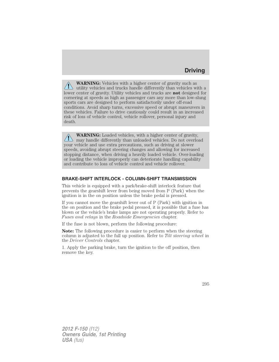 Brake-shift interlock - column-shift transmission, Driving | FORD 2012 F-150 Raptor v.1 User Manual | Page 295 / 462