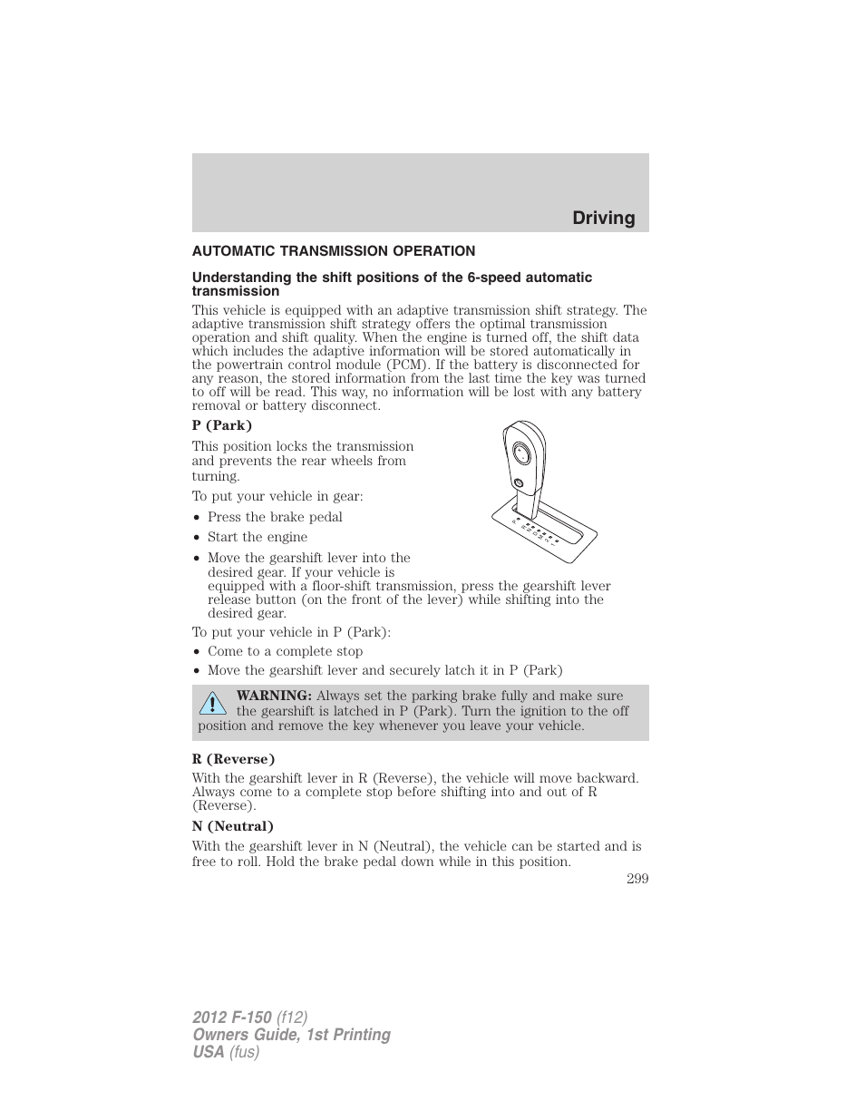 Automatic transmission operation, Transmission operation, Driving | FORD 2012 F-150 Raptor v.1 User Manual | Page 299 / 462