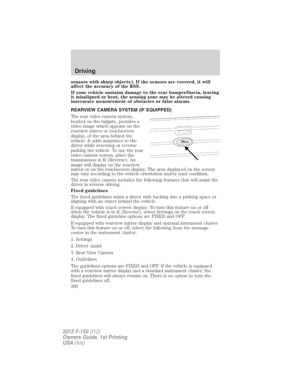Rearview camera system (if equipped), Rear-view camera system, Driving | FORD 2012 F-150 Raptor v.1 User Manual | Page 306 / 462