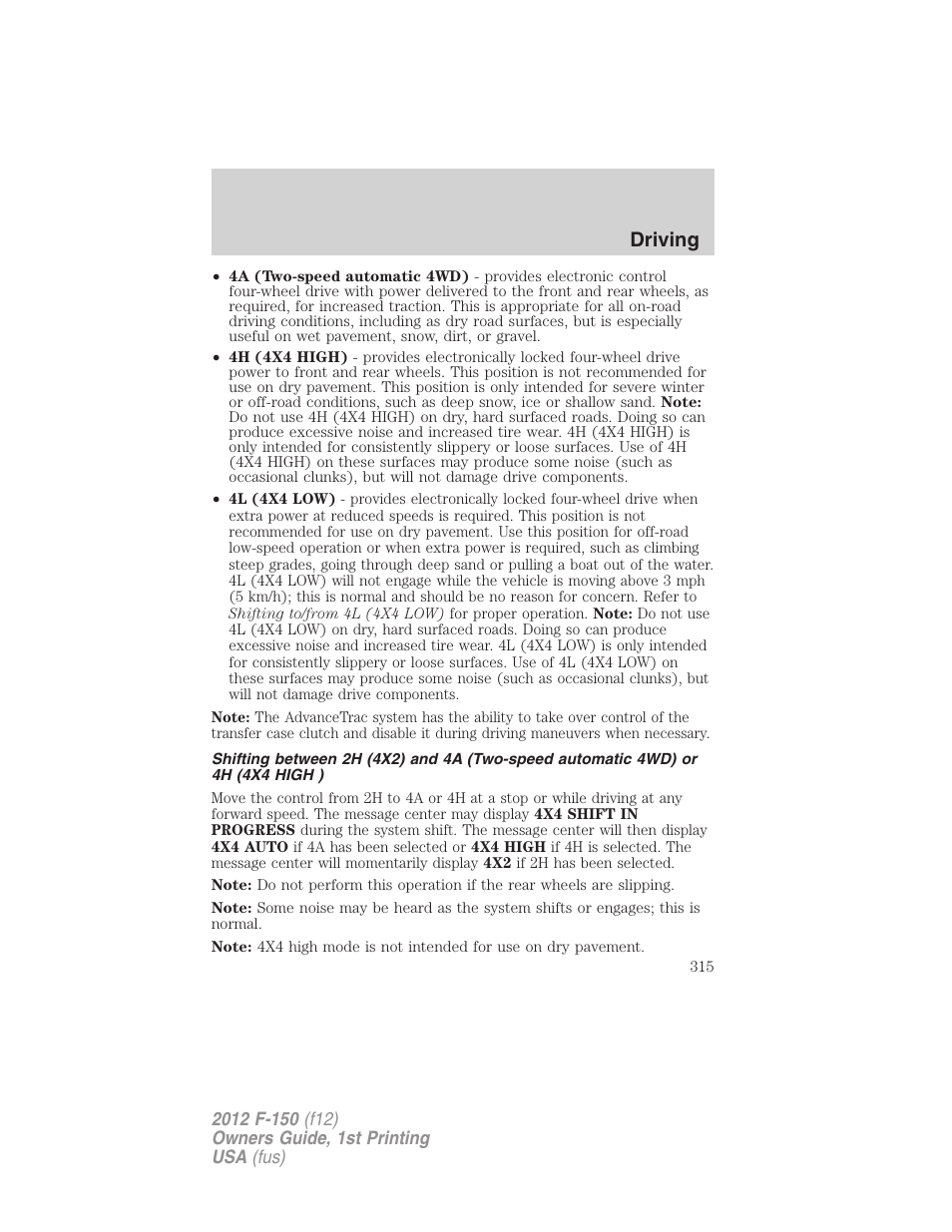 Driving | FORD 2012 F-150 Raptor v.1 User Manual | Page 315 / 462