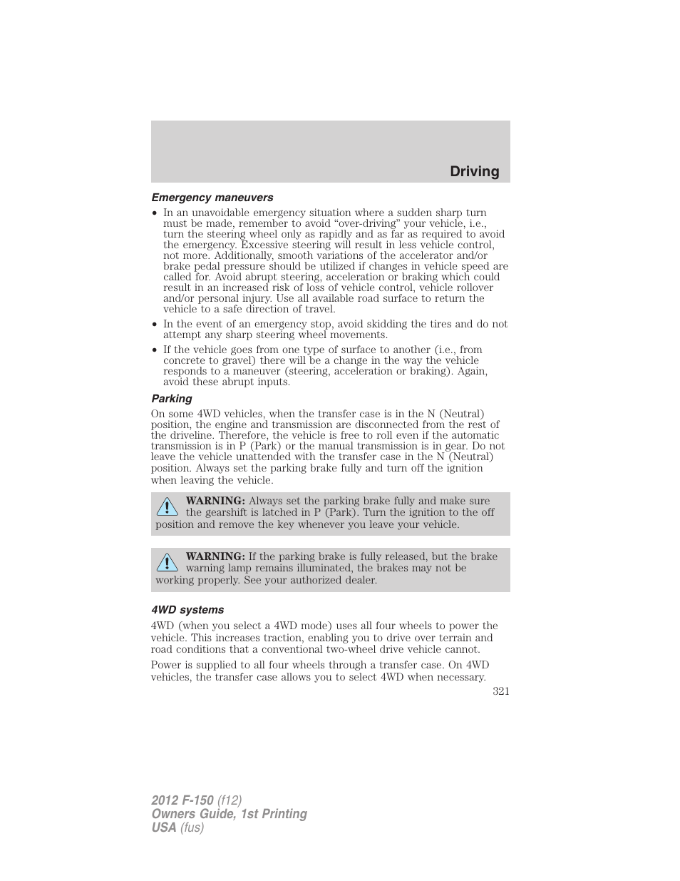 Emergency maneuvers, Parking, 4wd systems | Driving | FORD 2012 F-150 Raptor v.1 User Manual | Page 321 / 462