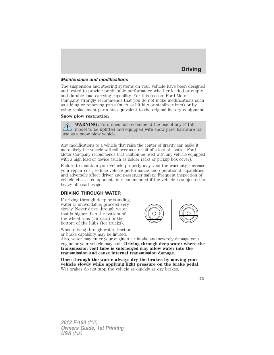Maintenance and modifications, Driving through water, Driving | FORD 2012 F-150 Raptor v.1 User Manual | Page 325 / 462