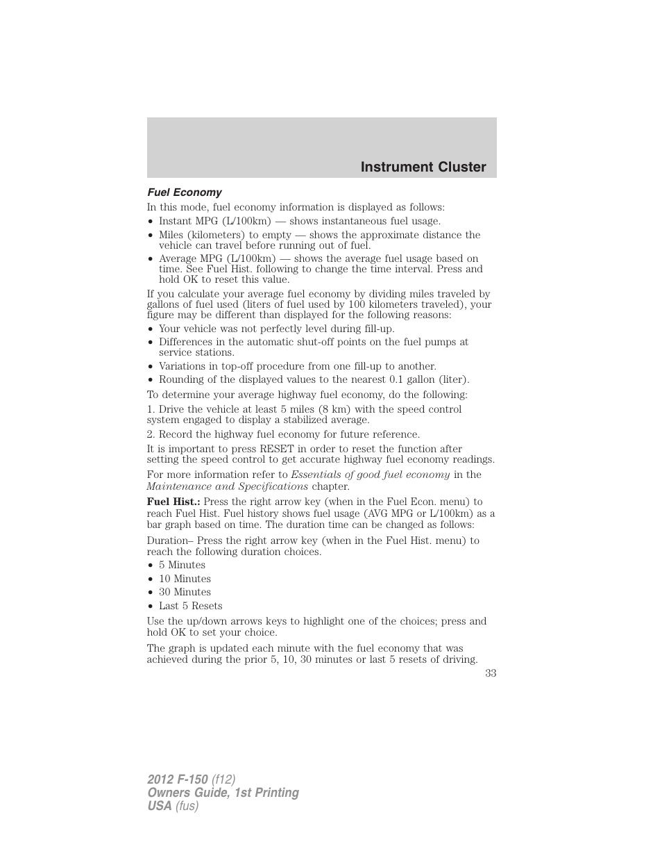 Fuel economy, Instrument cluster | FORD 2012 F-150 Raptor v.1 User Manual | Page 33 / 462