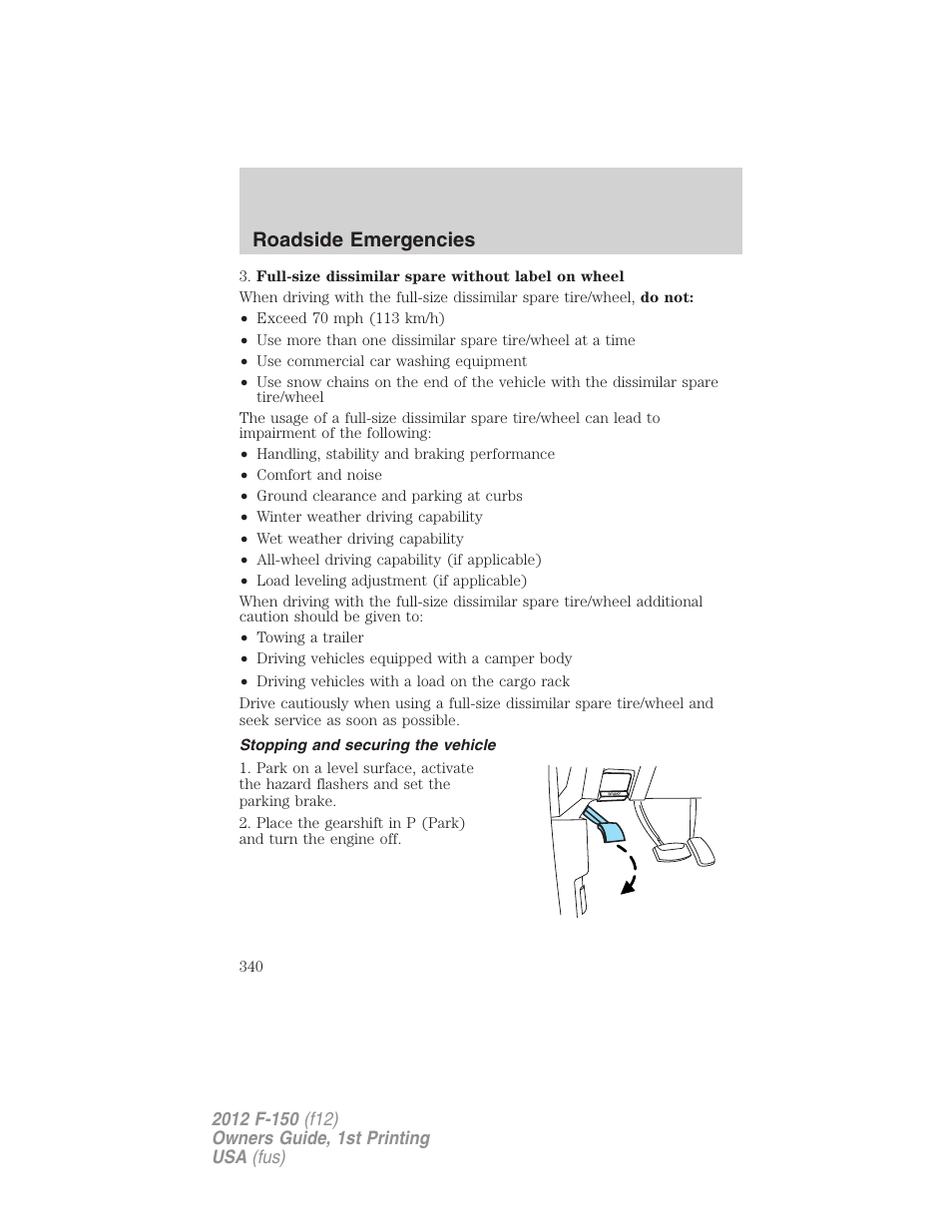 Stopping and securing the vehicle, Roadside emergencies | FORD 2012 F-150 Raptor v.1 User Manual | Page 340 / 462