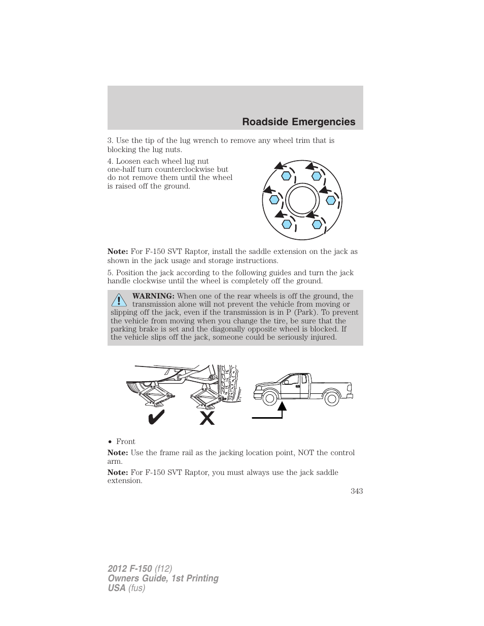 Roadside emergencies | FORD 2012 F-150 Raptor v.1 User Manual | Page 343 / 462