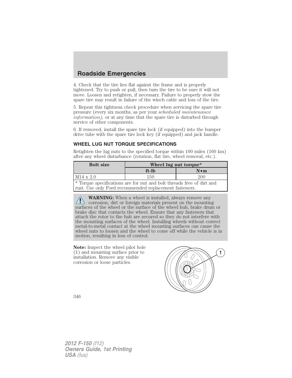 Wheel lug nut torque specifications, Wheel lug nut torque, Roadside emergencies | FORD 2012 F-150 Raptor v.1 User Manual | Page 346 / 462