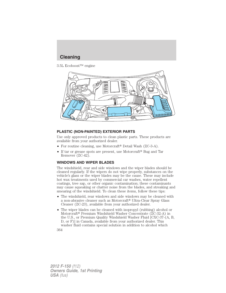 Plastic (non-painted) exterior parts, Windows and wiper blades, Cleaning | FORD 2012 F-150 Raptor v.1 User Manual | Page 364 / 462