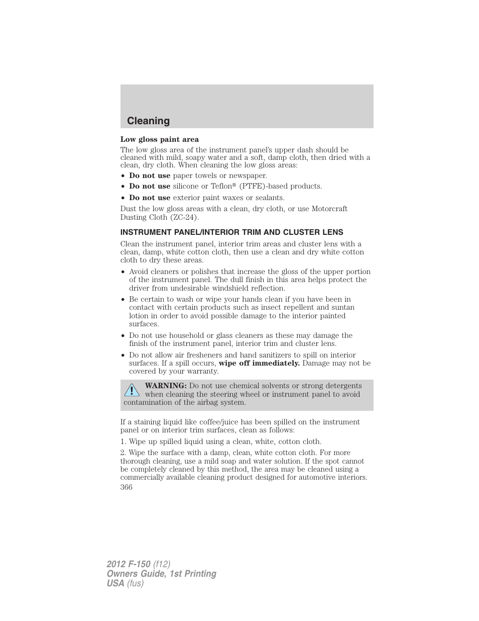Instrument panel/interior trim and cluster lens, Cleaning | FORD 2012 F-150 Raptor v.1 User Manual | Page 366 / 462