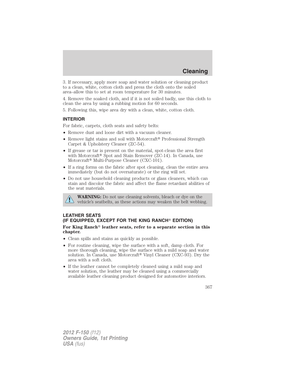 Interior, Cleaning | FORD 2012 F-150 Raptor v.1 User Manual | Page 367 / 462