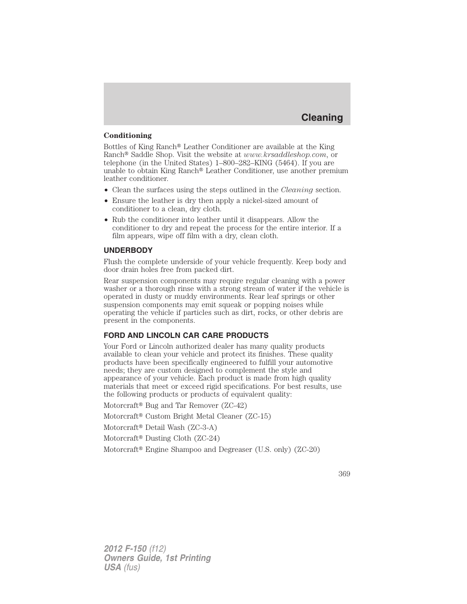 Underbody, Ford and lincoln car care products, Cleaning | FORD 2012 F-150 Raptor v.1 User Manual | Page 369 / 462