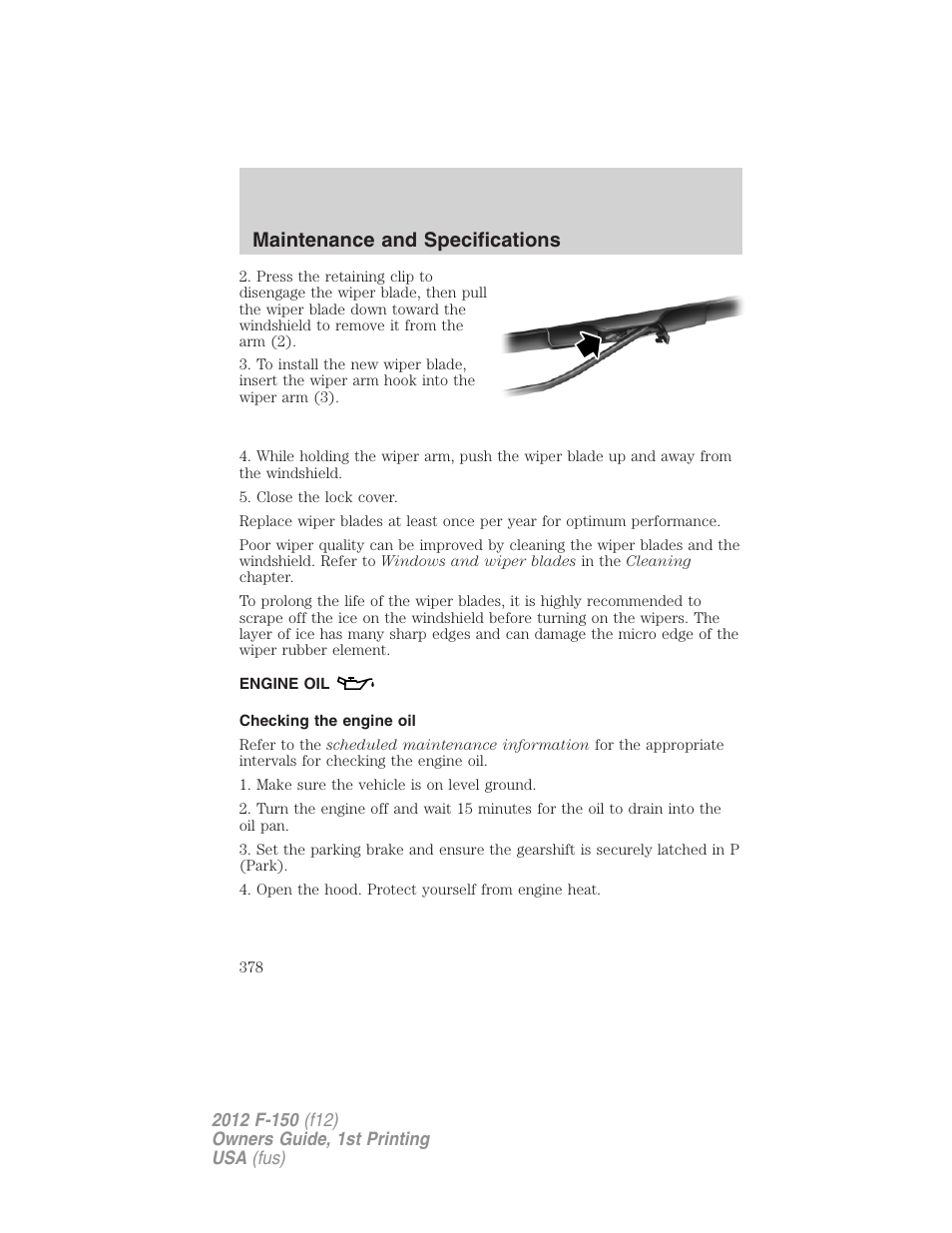 Engine oil, Checking the engine oil, Maintenance and specifications | FORD 2012 F-150 Raptor v.1 User Manual | Page 378 / 462