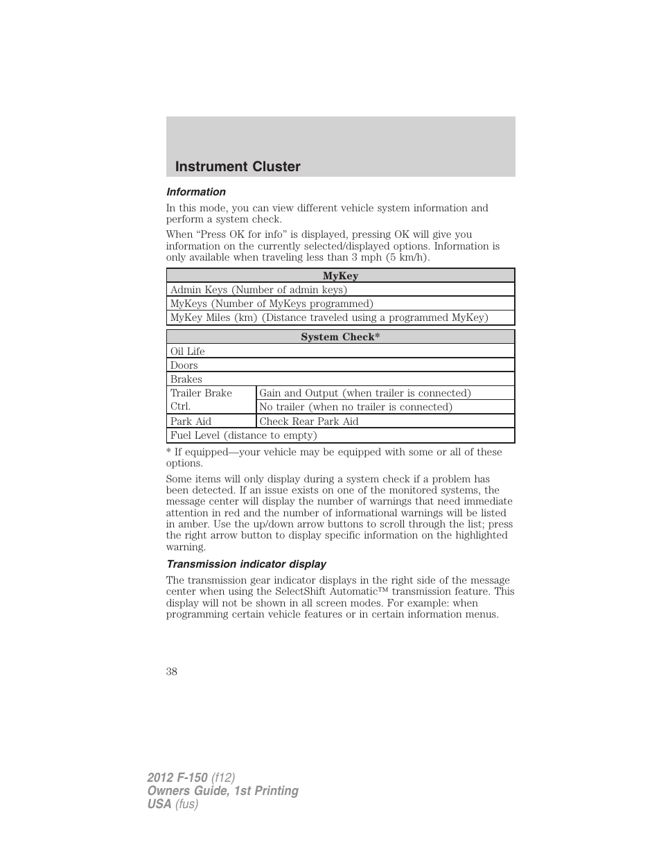 Information, Transmission indicator display, Instrument cluster | FORD 2012 F-150 Raptor v.1 User Manual | Page 38 / 462