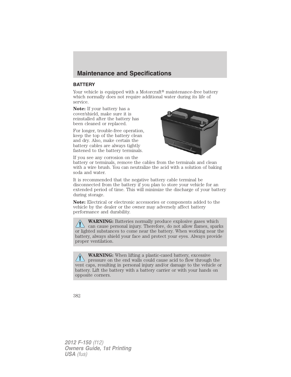 Battery, Maintenance and specifications | FORD 2012 F-150 Raptor v.1 User Manual | Page 382 / 462