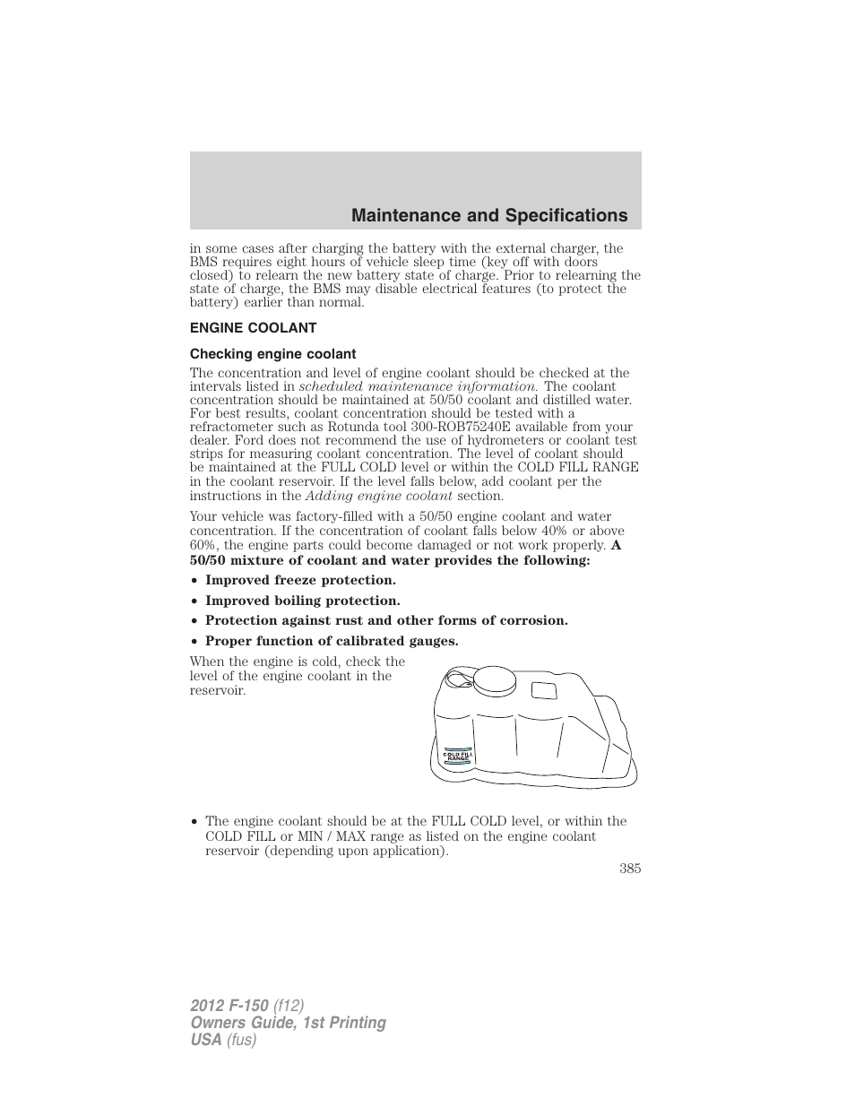 Engine coolant, Checking engine coolant, Maintenance and specifications | FORD 2012 F-150 Raptor v.1 User Manual | Page 385 / 462