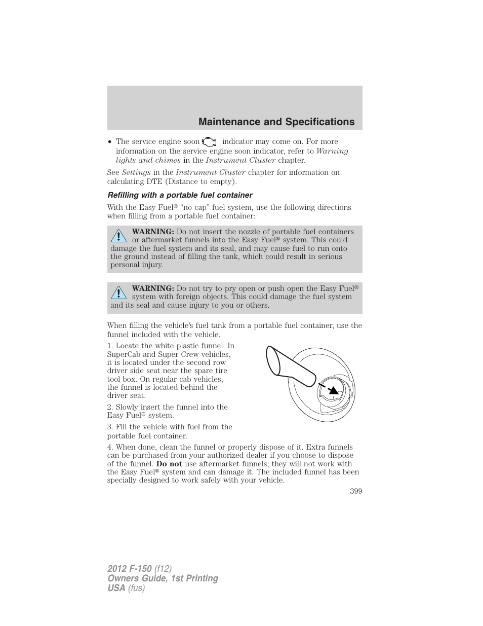 Refilling with a portable fuel container, Maintenance and specifications | FORD 2012 F-150 Raptor v.1 User Manual | Page 399 / 462