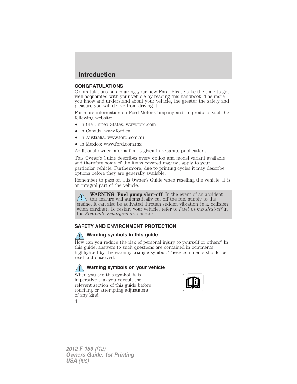 Introduction, Congratulations, Safety and environment protection | Warning symbols in this guide, Warning symbols on your vehicle | FORD 2012 F-150 Raptor v.1 User Manual | Page 4 / 462