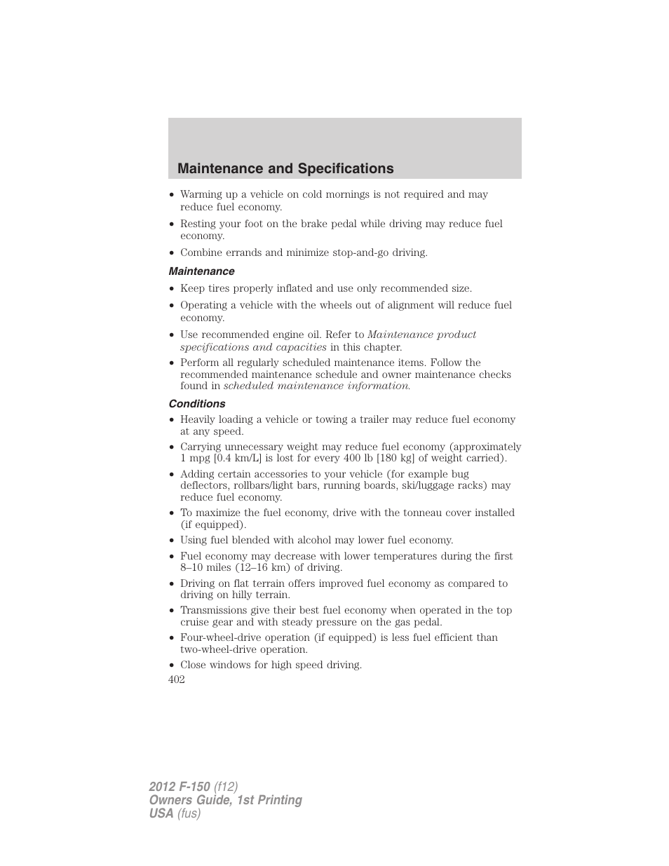 Maintenance, Conditions, Maintenance and specifications | FORD 2012 F-150 Raptor v.1 User Manual | Page 402 / 462