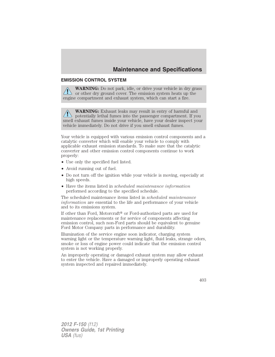 Emission control system, Maintenance and specifications | FORD 2012 F-150 Raptor v.1 User Manual | Page 403 / 462