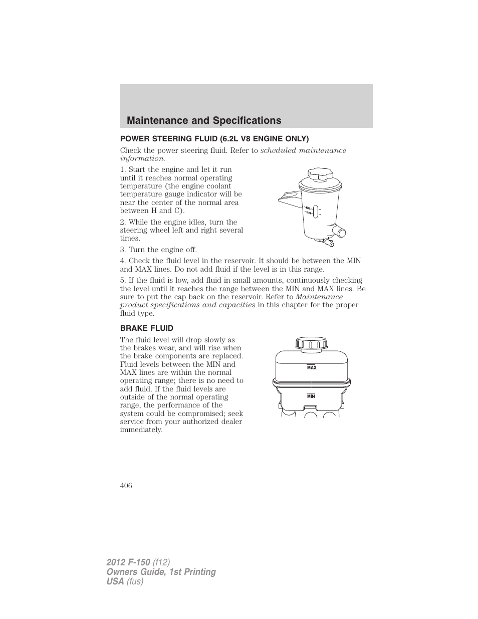 Power steering fluid (6.2l v8 engine only), Brake fluid, Maintenance and specifications | FORD 2012 F-150 Raptor v.1 User Manual | Page 406 / 462