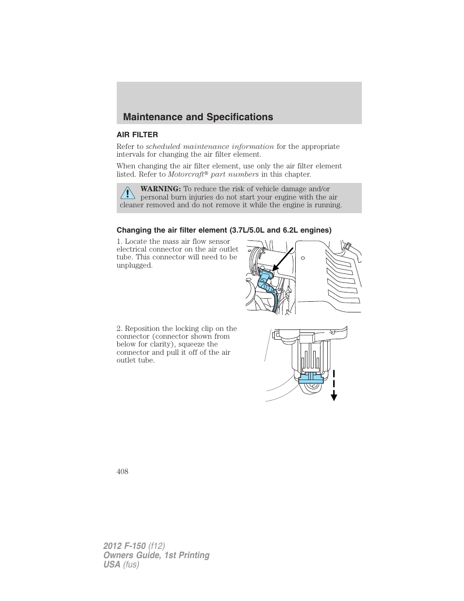 Air filter, Air filter(s), Maintenance and specifications | FORD 2012 F-150 Raptor v.1 User Manual | Page 408 / 462