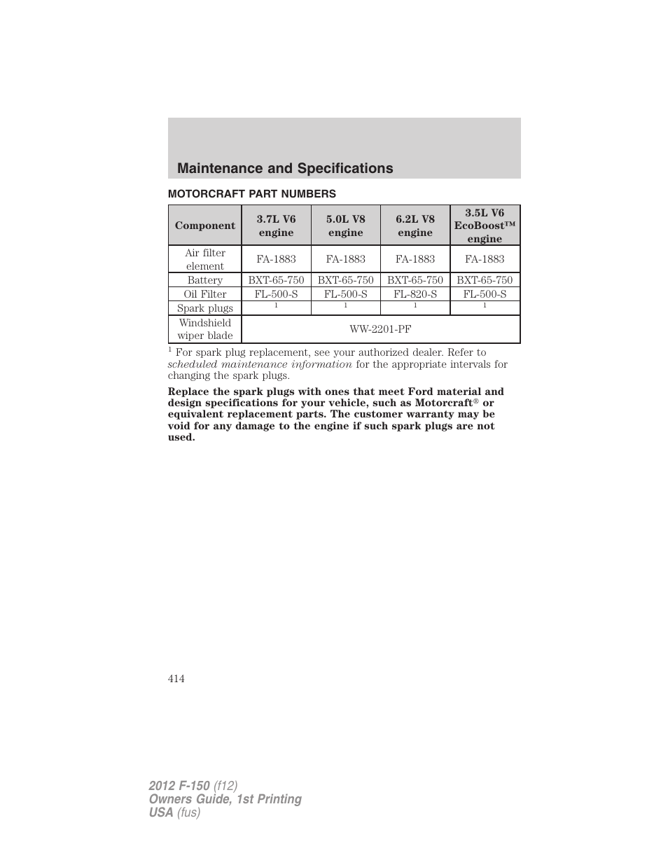 Motorcraft part numbers, Part numbers, Maintenance and specifications | FORD 2012 F-150 Raptor v.1 User Manual | Page 414 / 462