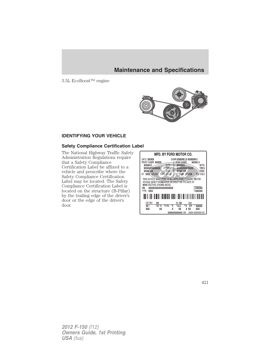 Identifying your vehicle, Safety compliance certification label, Maintenance and specifications | FORD 2012 F-150 Raptor v.1 User Manual | Page 421 / 462