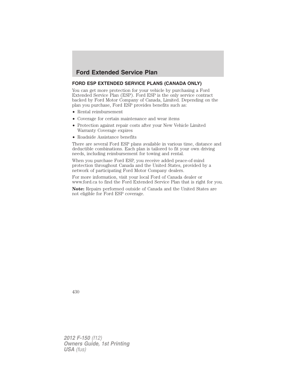 Ford esp extended service plans (canada only), Ford extended service plan | FORD 2012 F-150 Raptor v.1 User Manual | Page 430 / 462