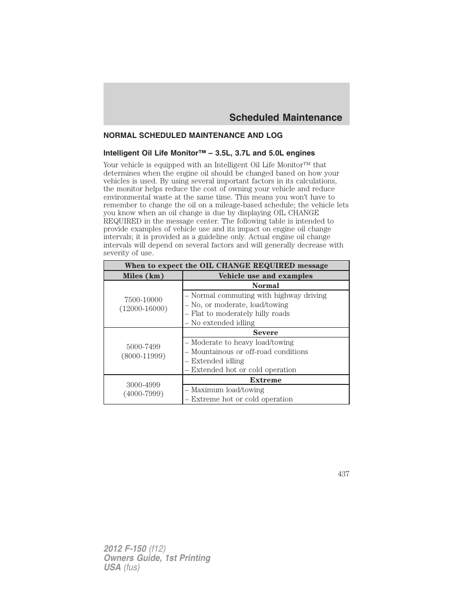 Normal scheduled maintenance and log, Scheduled maintenance | FORD 2012 F-150 Raptor v.1 User Manual | Page 437 / 462