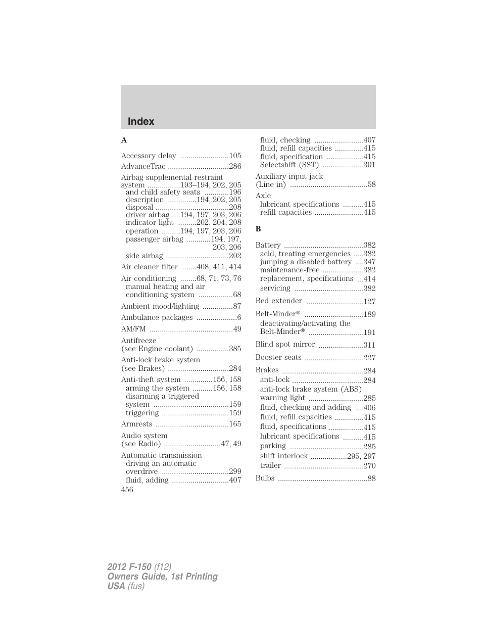 Index | FORD 2012 F-150 Raptor v.1 User Manual | Page 456 / 462