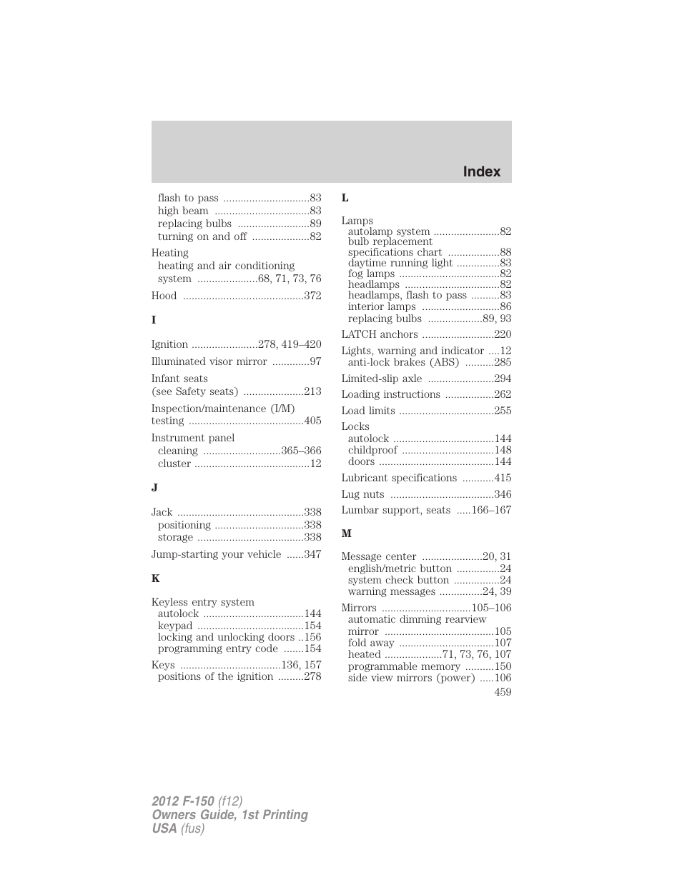 Index | FORD 2012 F-150 Raptor v.1 User Manual | Page 459 / 462