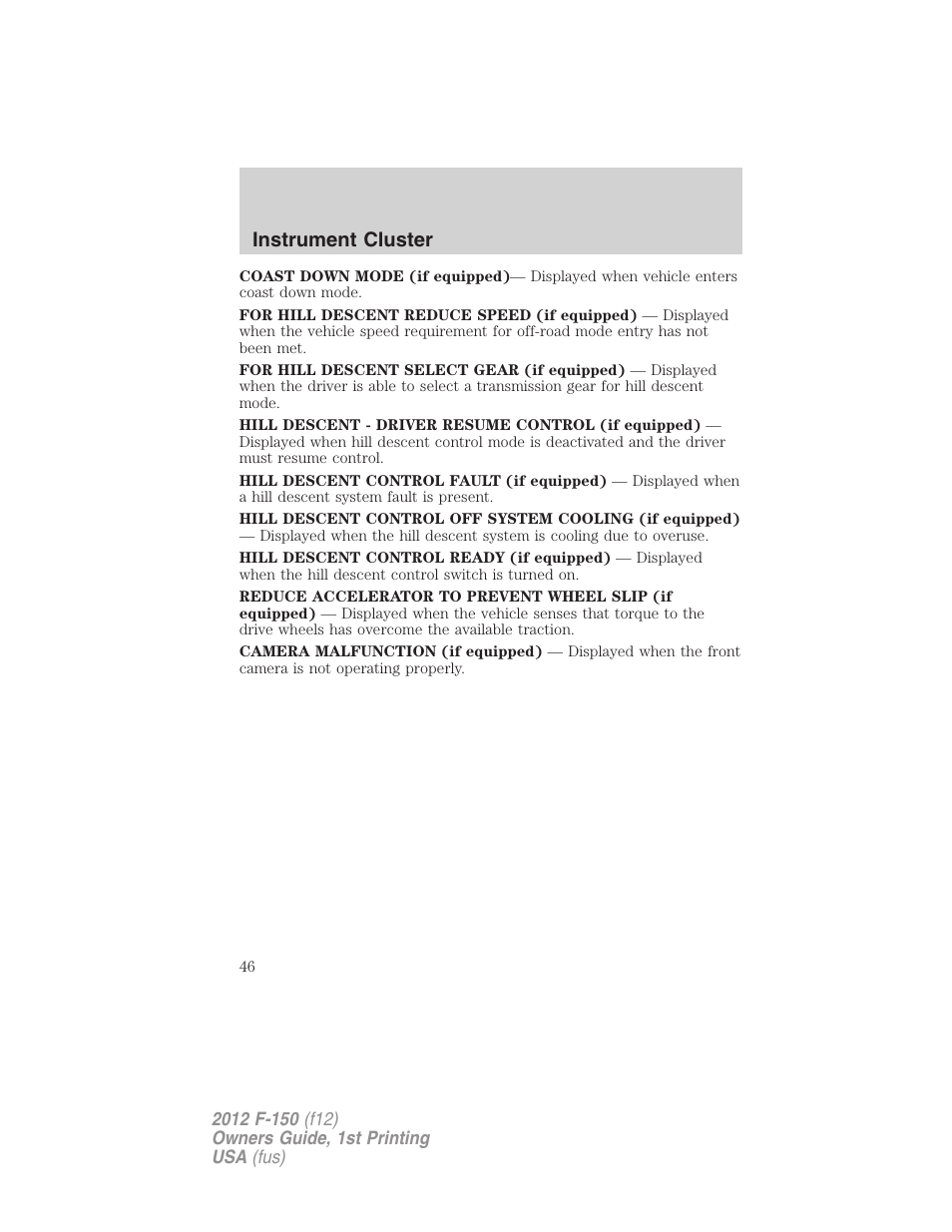 Instrument cluster | FORD 2012 F-150 Raptor v.1 User Manual | Page 46 / 462