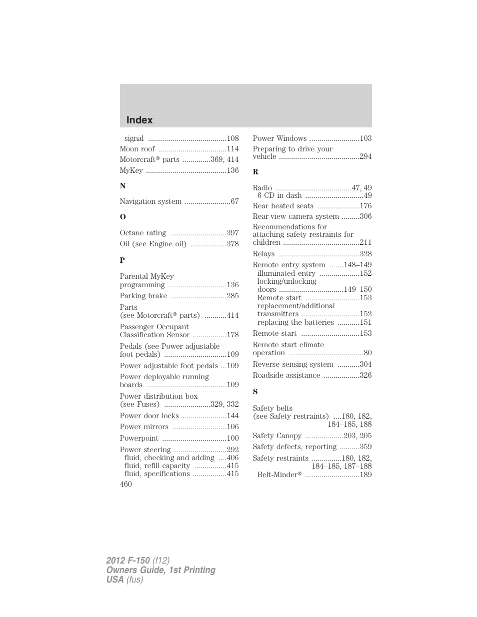 Index | FORD 2012 F-150 Raptor v.1 User Manual | Page 460 / 462