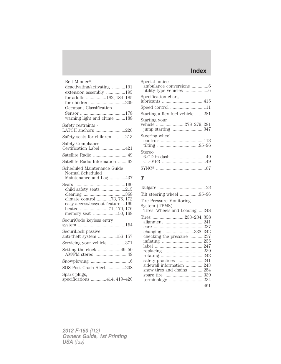 Index | FORD 2012 F-150 Raptor v.1 User Manual | Page 461 / 462