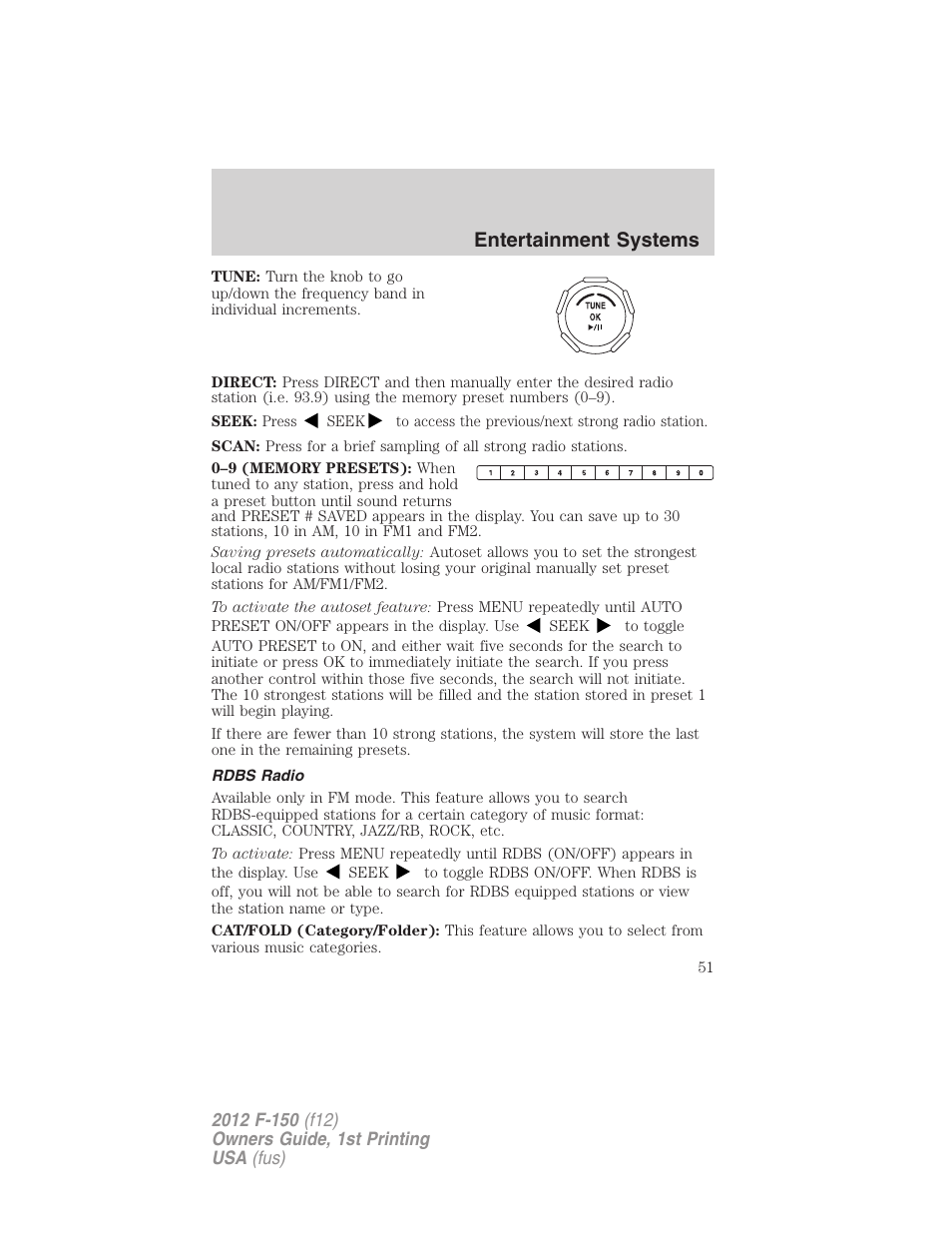 Rdbs radio, Entertainment systems | FORD 2012 F-150 Raptor v.1 User Manual | Page 51 / 462