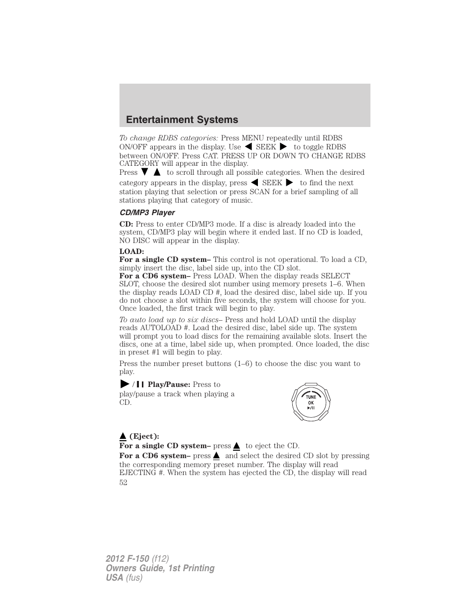 Cd/mp3 player, Entertainment systems | FORD 2012 F-150 Raptor v.1 User Manual | Page 52 / 462