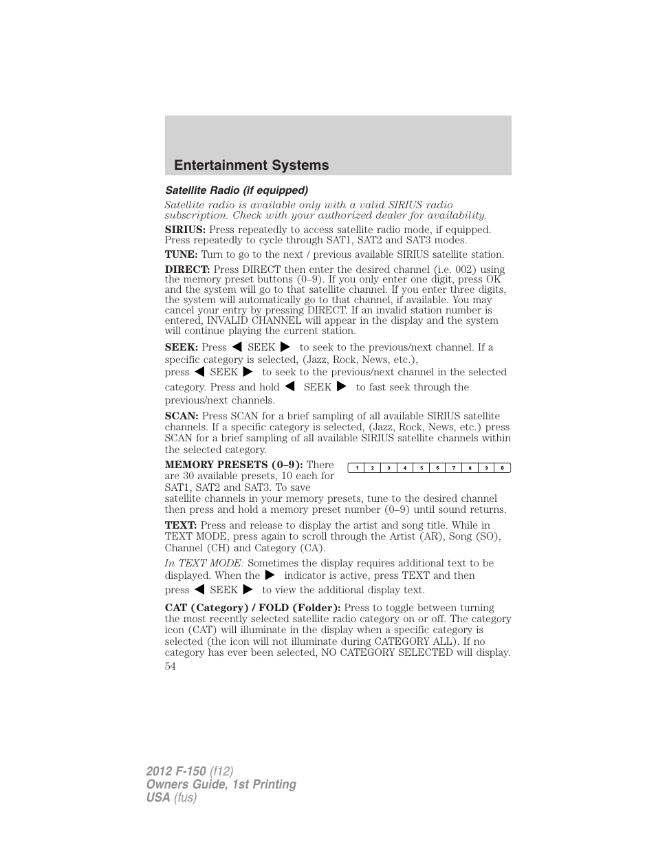 Satellite radio (if equipped), Entertainment systems | FORD 2012 F-150 Raptor v.1 User Manual | Page 54 / 462