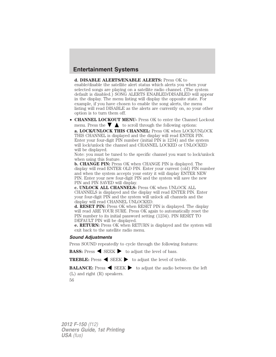 Sound adjustments, Entertainment systems | FORD 2012 F-150 Raptor v.1 User Manual | Page 56 / 462